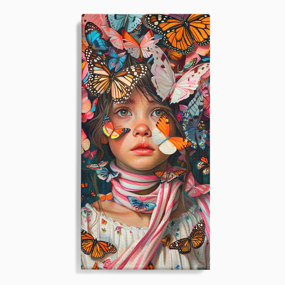 Tablou canvas cu tablou canvas cu fata si fluturi colorati, fara rama, pe sasiu de lemn